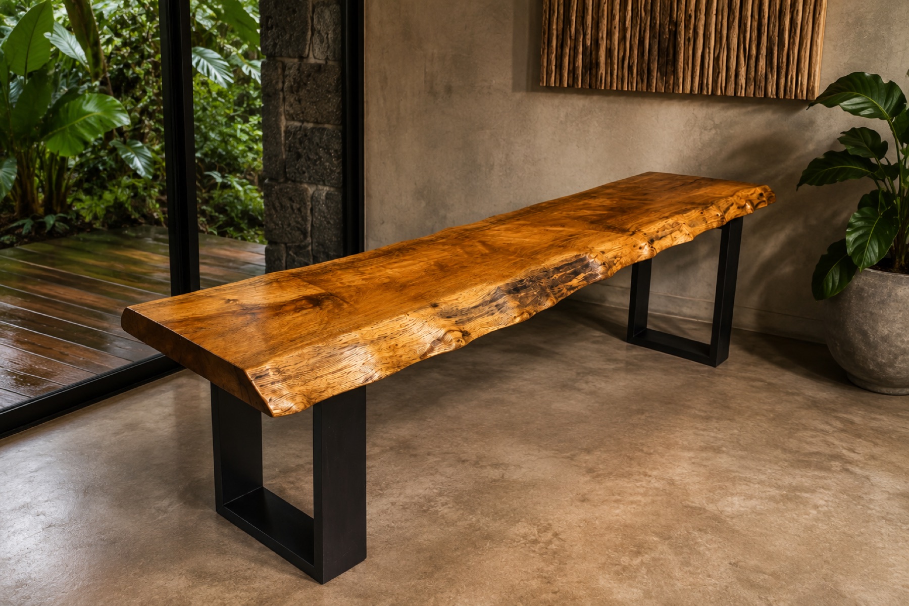 Live-edge bench on a steel base
