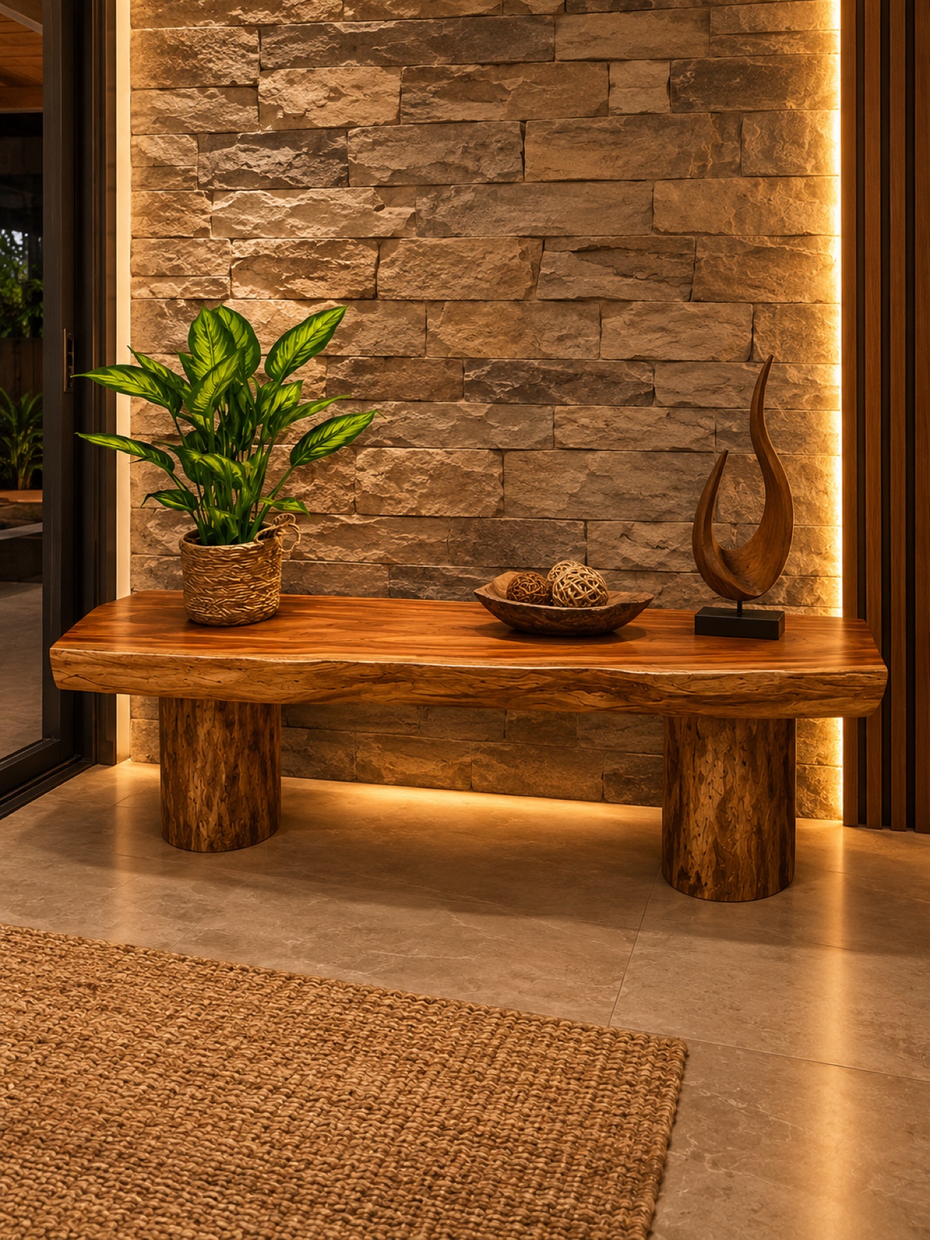 Slab bench with tree-trunk legs