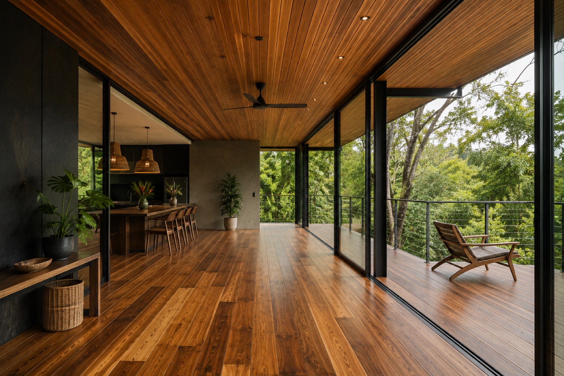 Wood ceiling in an interior space open to a terrace