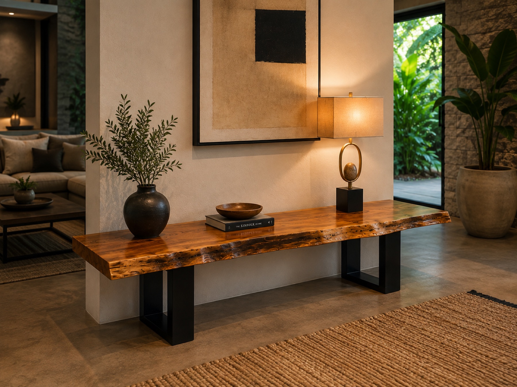 Wood console table in an entryway