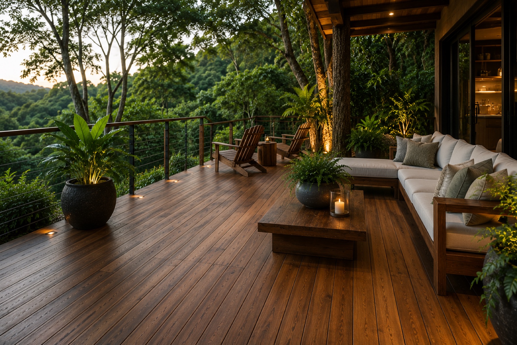 Wood deck with a forest lookout at sunset
