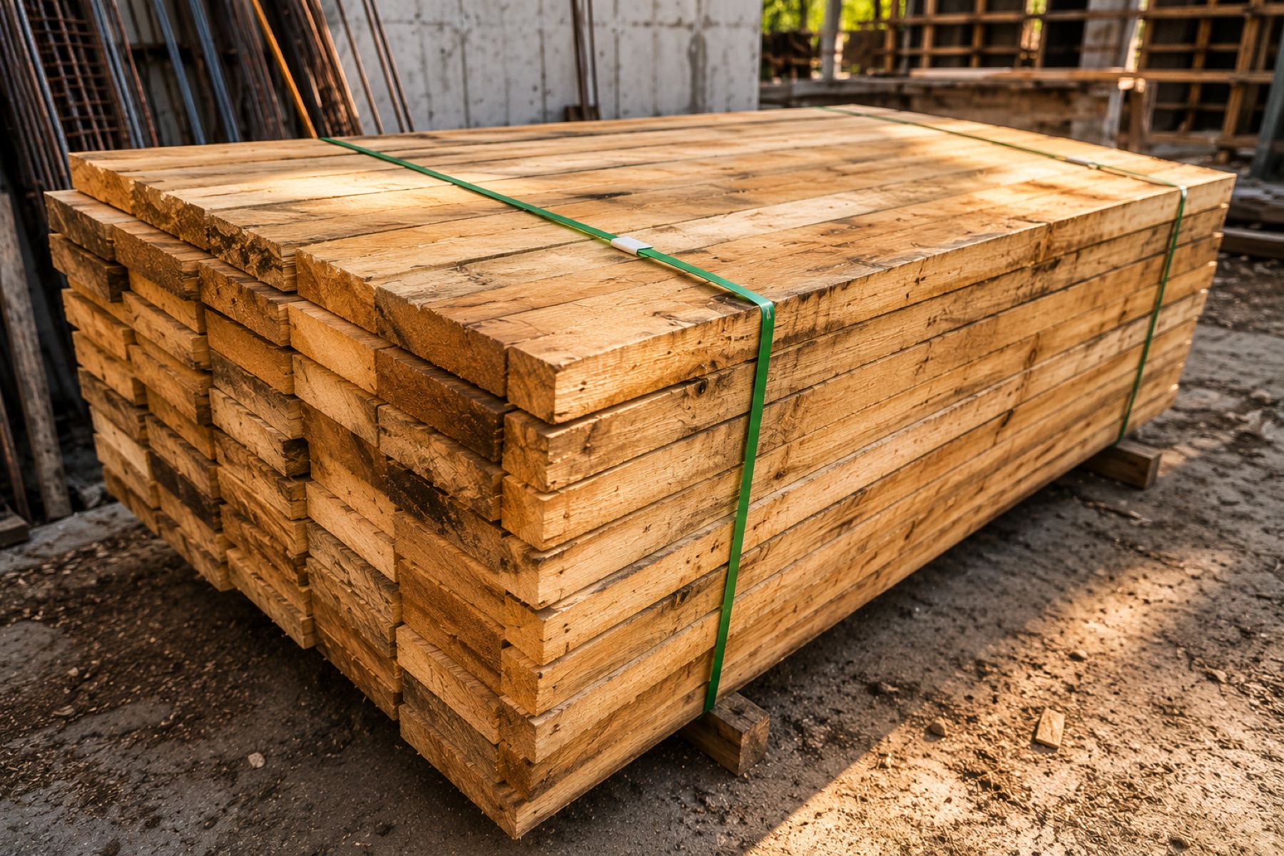 Strapped bundle of construction-grade wood in Upala