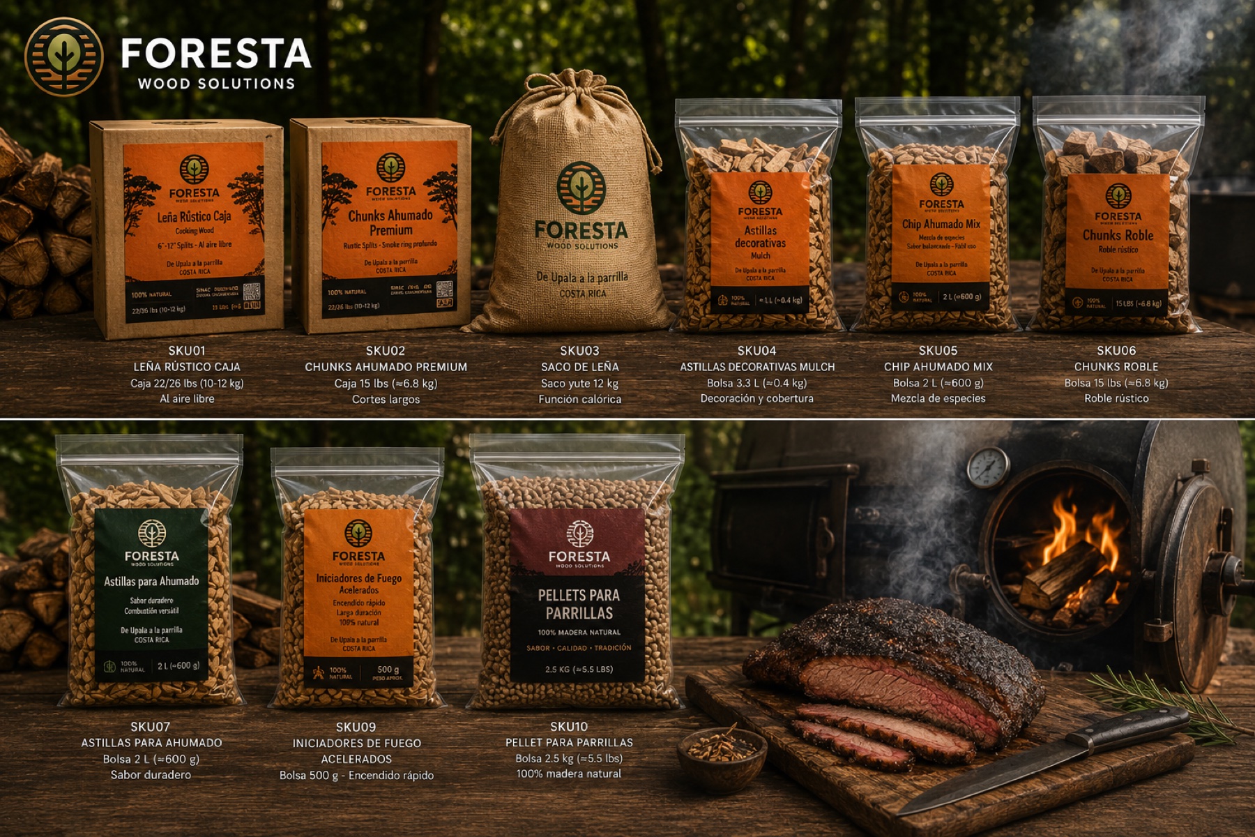 Catálogo completo de productos Foresta: leña, chunks, astillas, iniciadores y pellets