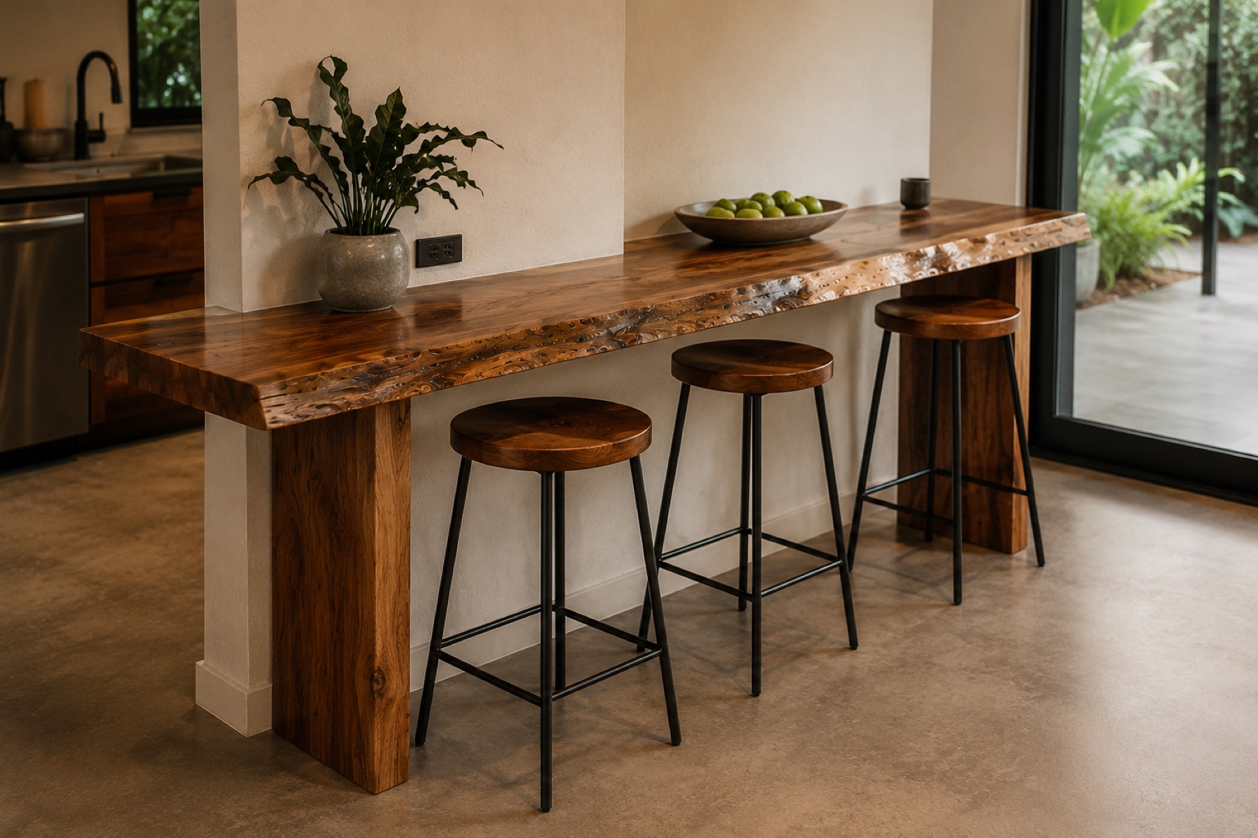 Wood bar table with stools in a kitchen