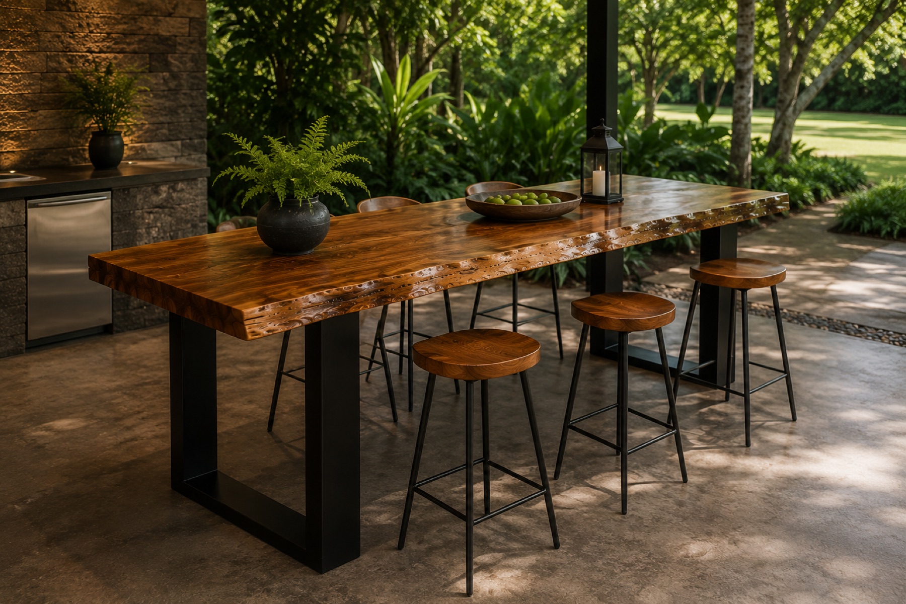 Outdoor bar table with wood stools
