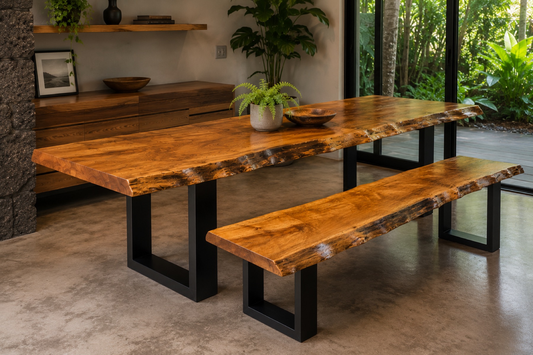 Dining table with a live-edge bench