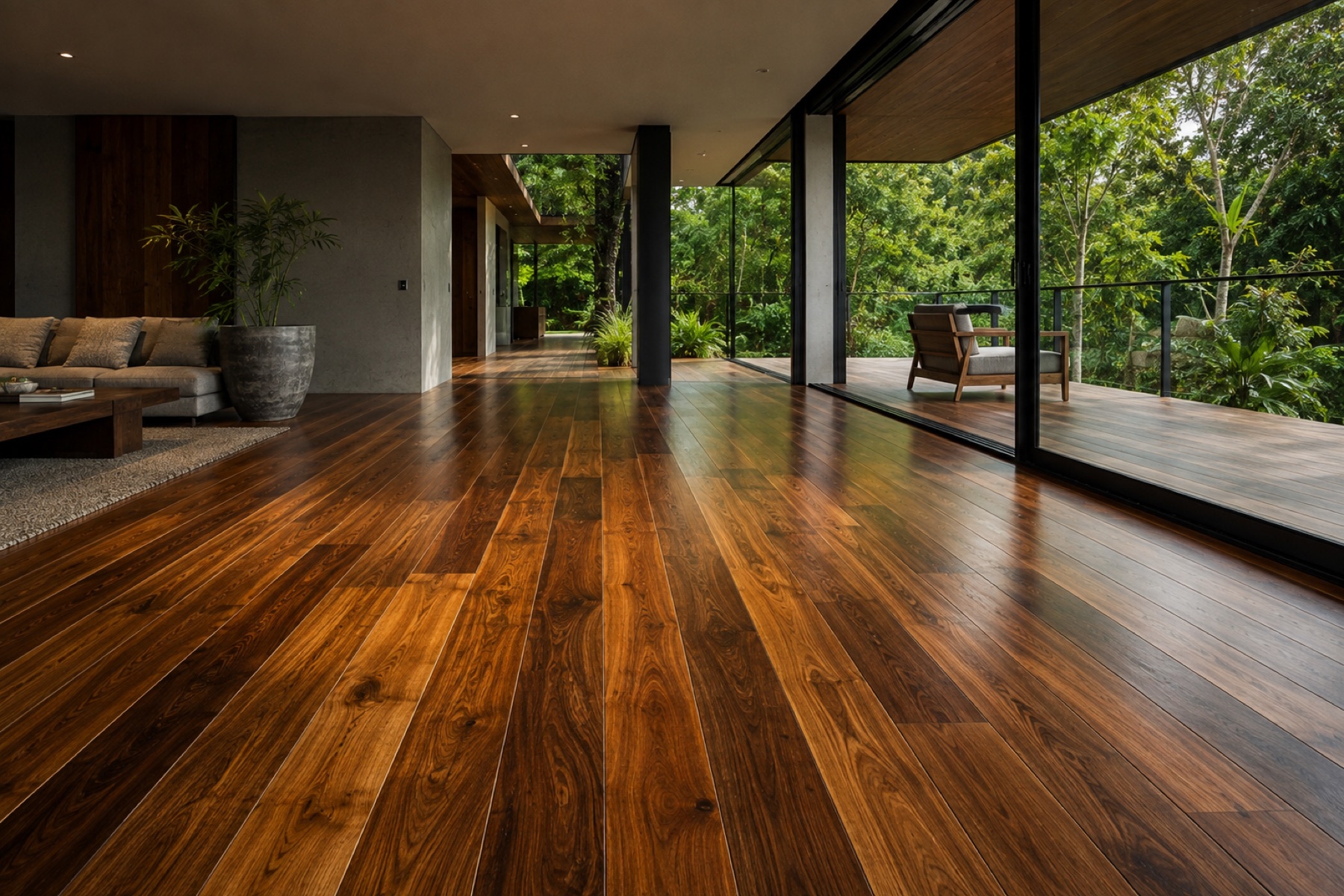 Wood floor in a living room with a window facing the forest