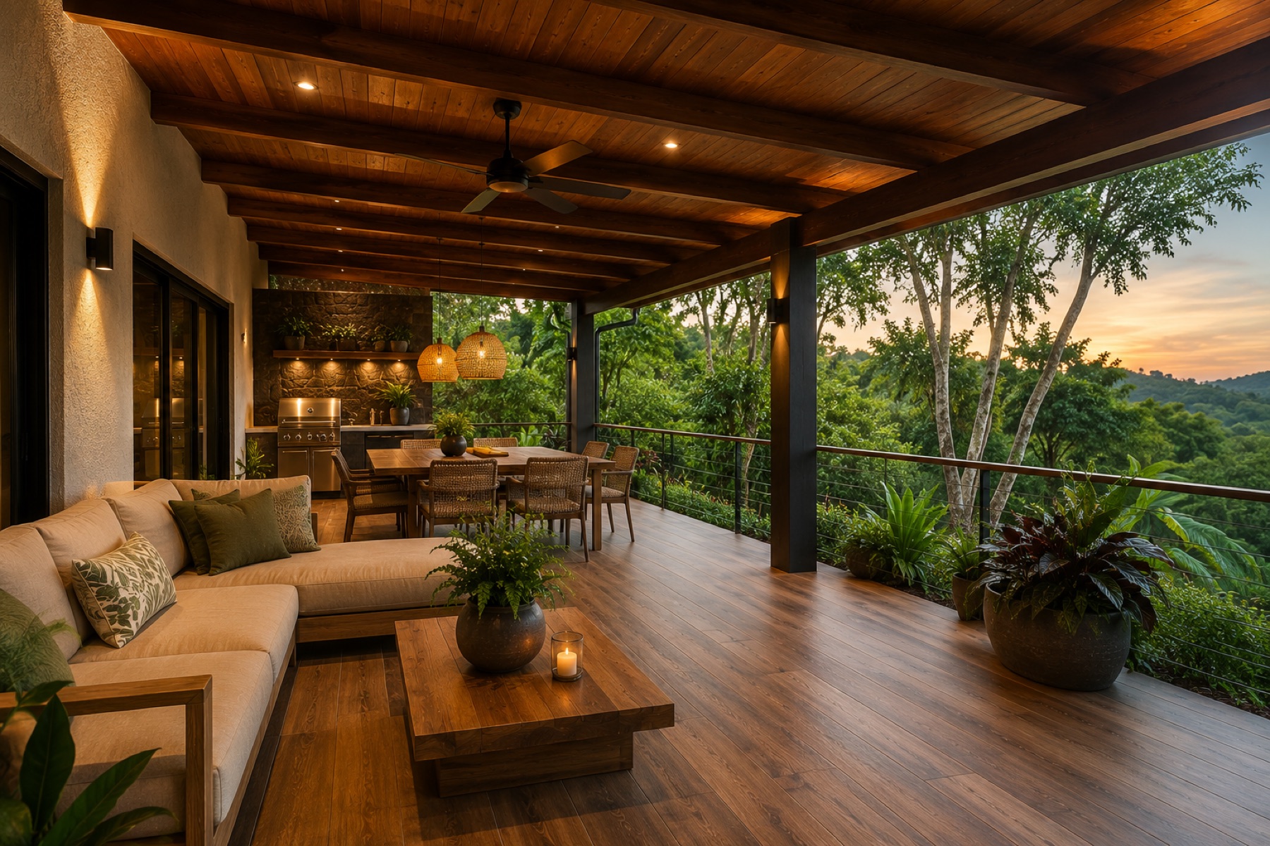 Wooden terrace at sunset with mountain views