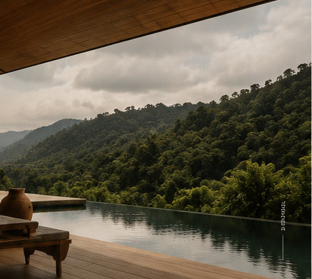 Terraza de madera con vista al bosque tropical de Upala