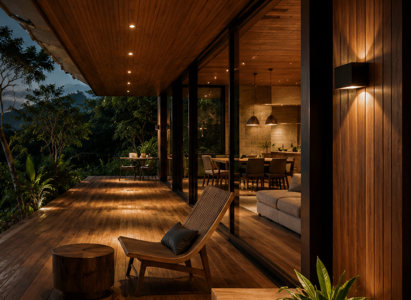 Arquitectura de madera con listones verticales e iluminación cálida