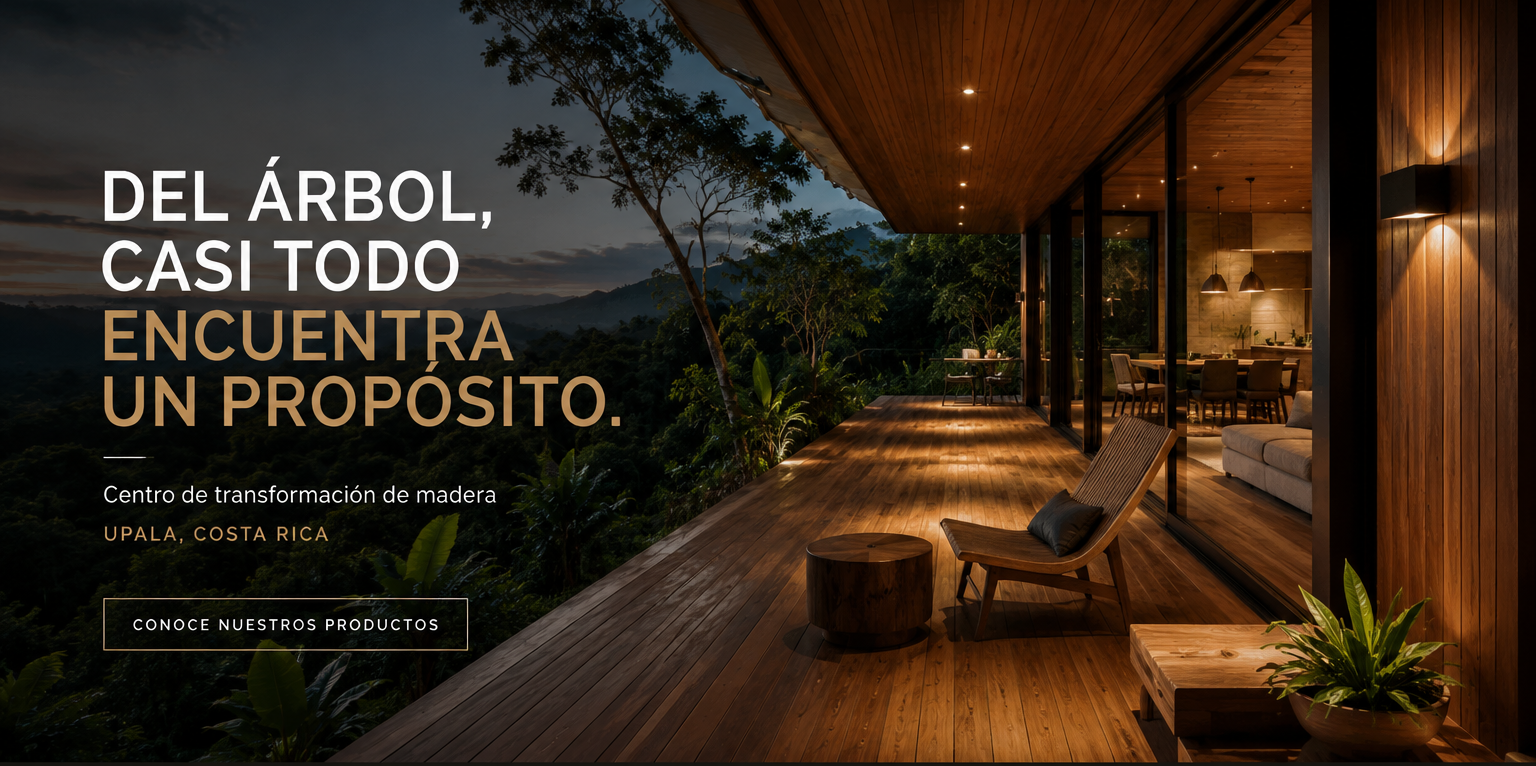 Deck de madera de una arquitectura contemporánea en el bosque de Upala, Costa Rica, al atardecer